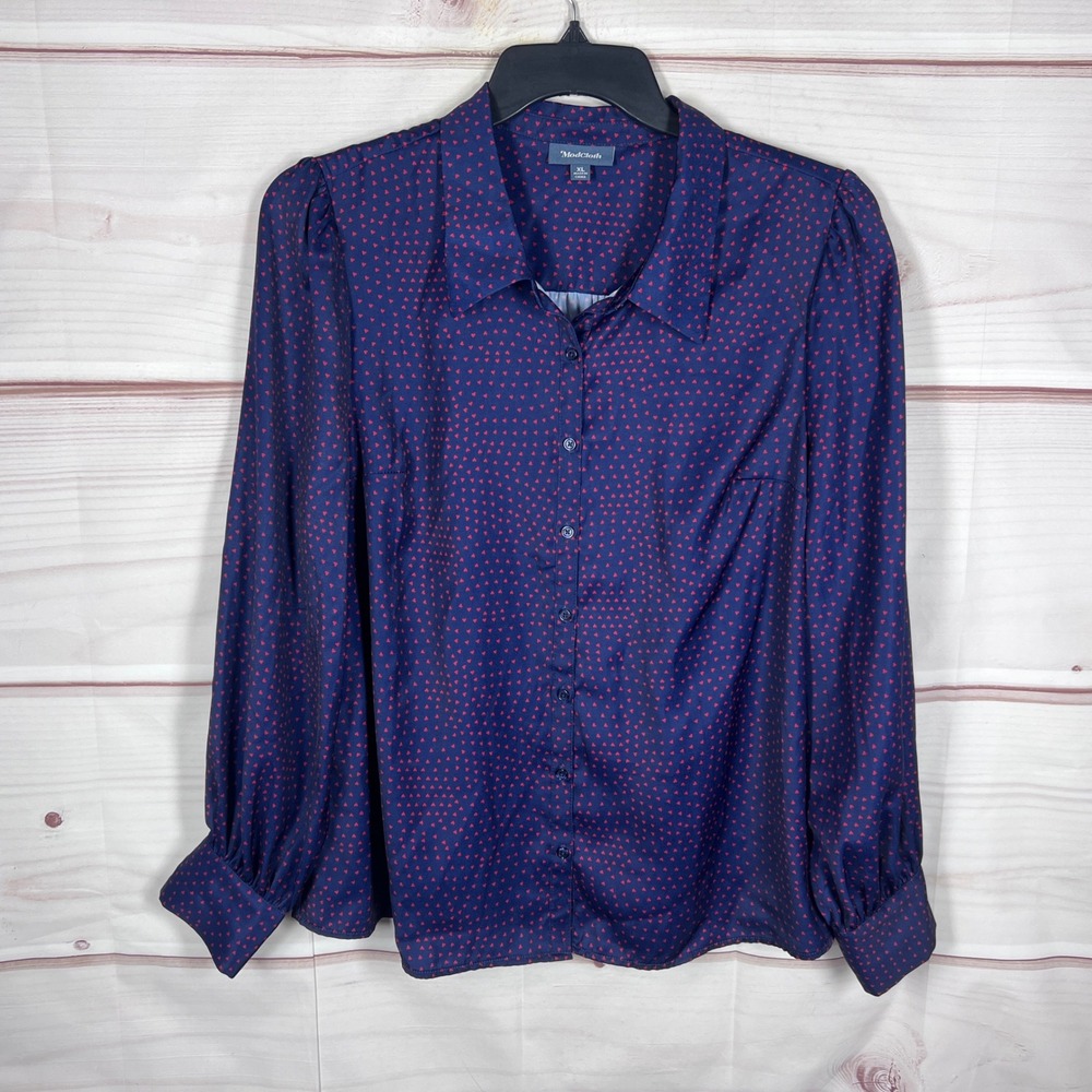 ModCloth Blouse Women XL Blue Heart Print Button Up Long Sleeve Top Satin Office